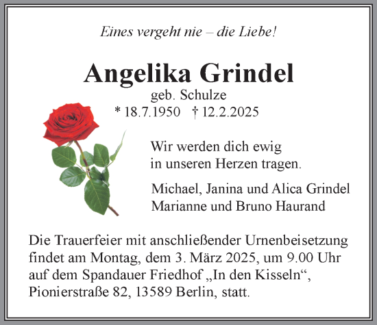 Traueranzeige von Angelika Grindel 