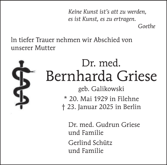 Traueranzeige von Bernharda Griese von Berliner Morgenpost