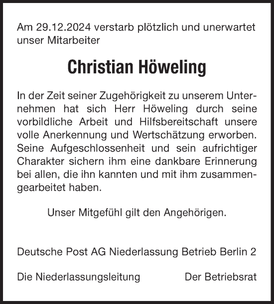 Traueranzeige von Christian Höweling 