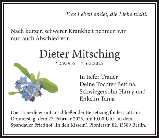 Traueranzeige von Dieter Mitsching 