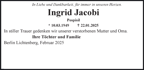 Traueranzeige von Ingrid Jacobi von Berliner Morgenpost