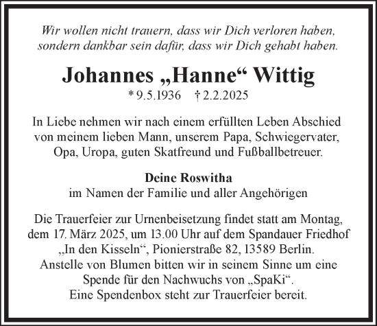 Traueranzeige von Johannes Wittig 