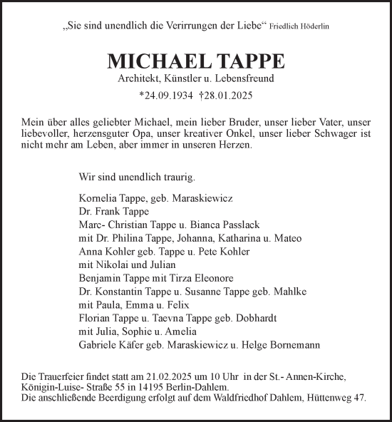 Traueranzeige von Michael Tappe von Berliner Morgenpost