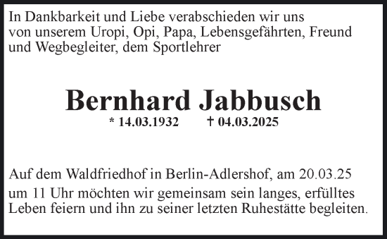 Traueranzeige von Bernhard Jabbusch 