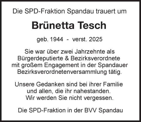 Traueranzeige von Brünetta Tesch 