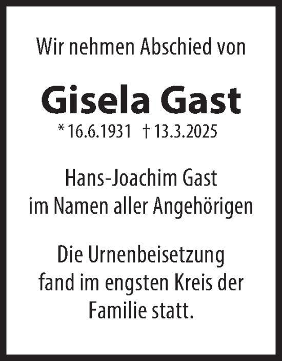 Traueranzeige von Gisela Gast 
