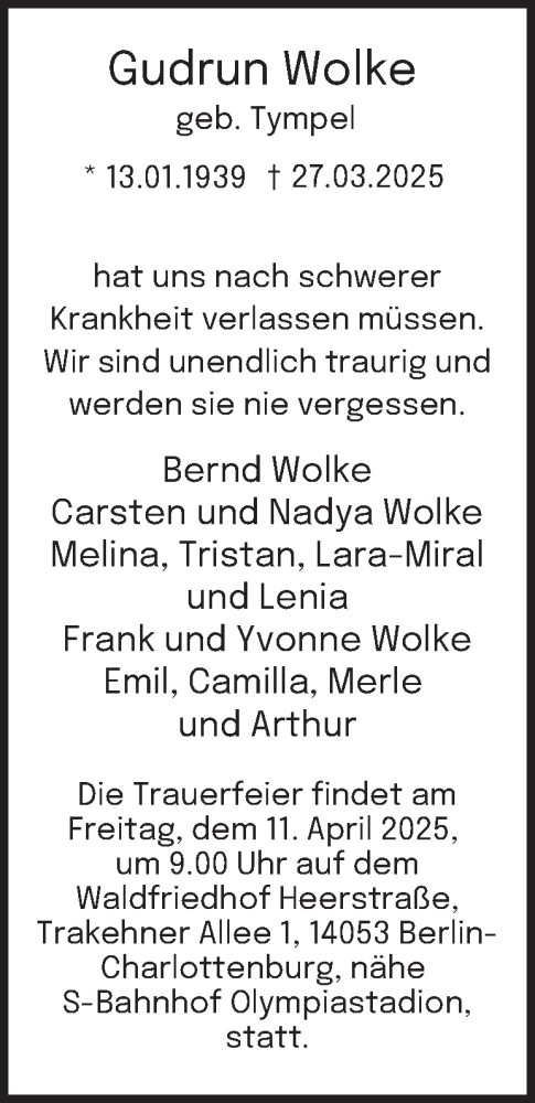 Traueranzeige von Gudrun Wolke von Berliner Morgenpost
