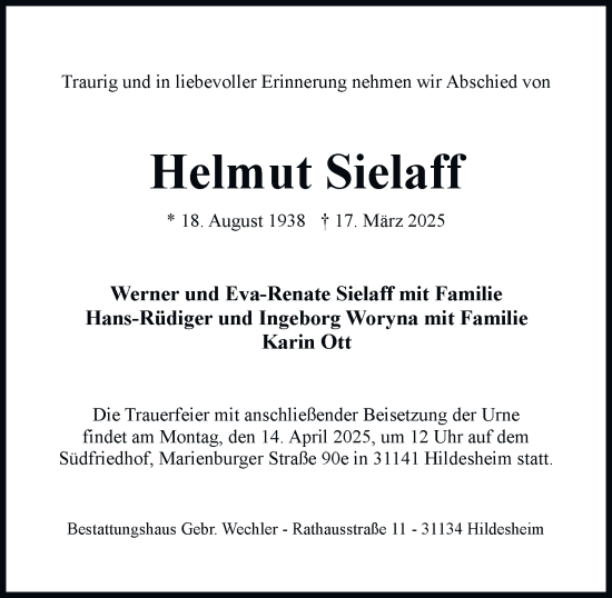 Traueranzeige von Helmut Sielaff von Berliner Morgenpost