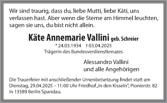 Traueranzeige von Käte Annemarie Vallini 