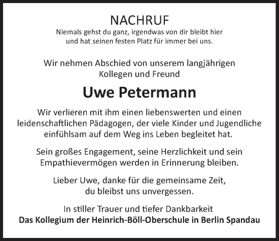 Traueranzeige von Uwe Petermann 