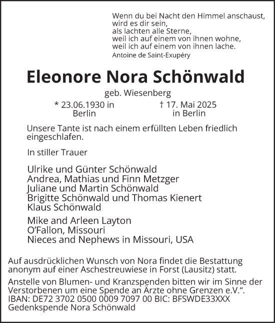Traueranzeige von Eleonore Nora Schönwald von Berliner Morgenpost