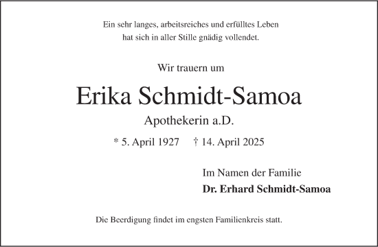 Traueranzeige von Erika Schmidt-Samoa von Berliner Morgenpost
