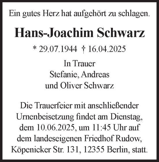 Traueranzeige von Hans-Joachim Schwarz von Berliner Morgenpost