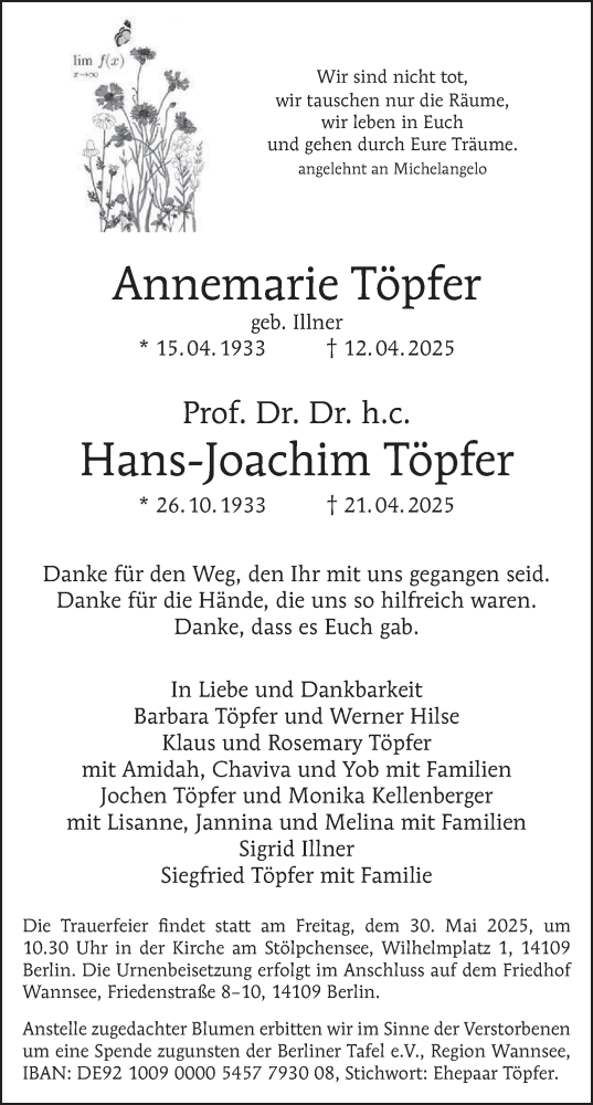 Traueranzeige von Hans-Joachim Töpfer von Berliner Morgenpost