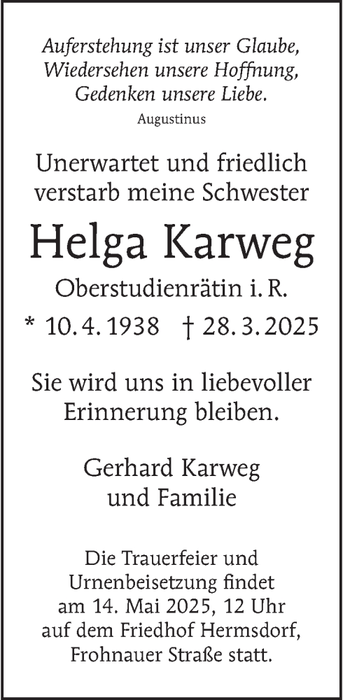 Traueranzeige von Helga Karweg von Berliner Morgenpost