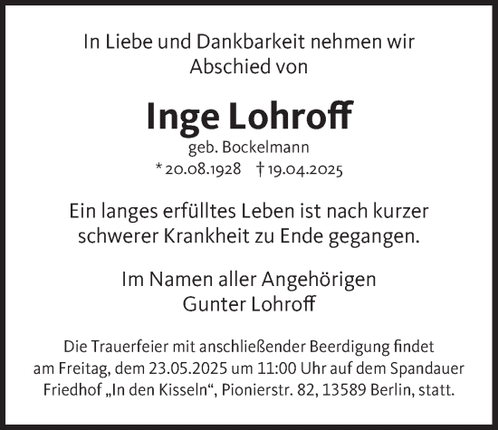 Traueranzeige von Inge Lohroff 
