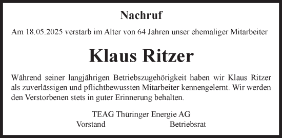 Traueranzeige von Klaus Ritzer 