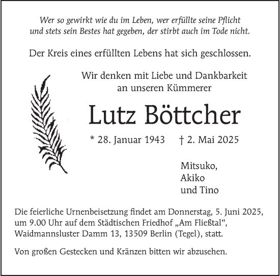 Traueranzeige von Lutz Böttcher von Berliner Morgenpost