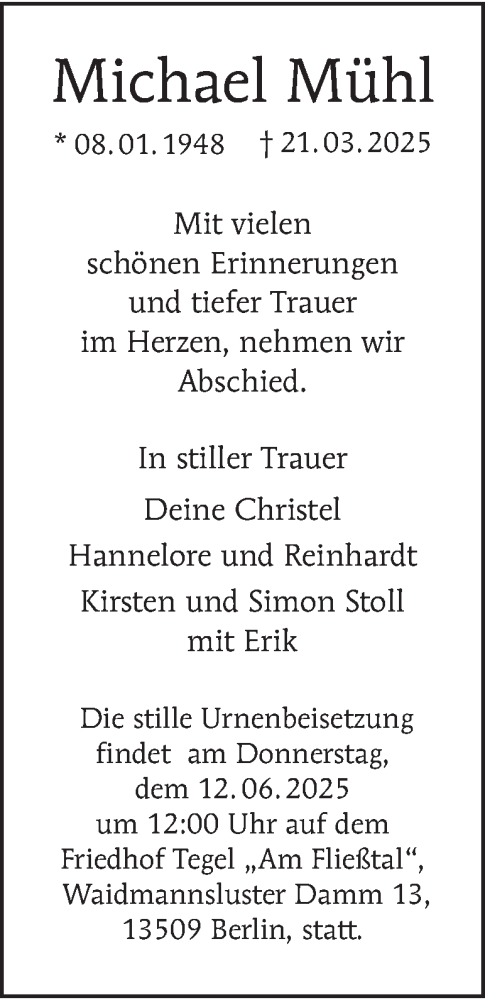 Traueranzeige von Michael Mühl von Berliner Morgenpost