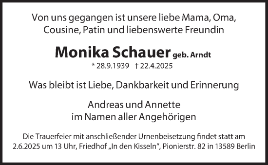 Traueranzeige von Monika Schauer 