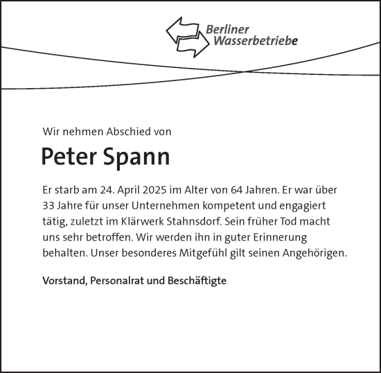 Traueranzeige von Peter Spann von Berliner Morgenpost