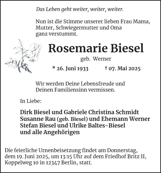Traueranzeige von Rosemarie Biesel von Berliner Morgenpost