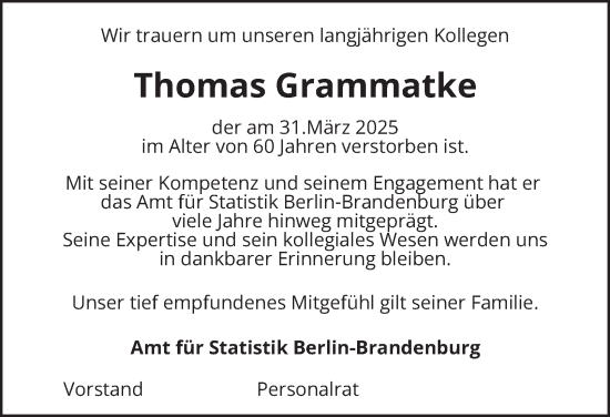 Traueranzeige von Thomas Grammatke von Berliner Morgenpost