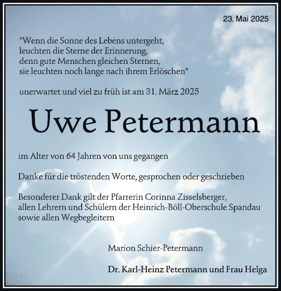 Traueranzeige von Uwe Petermann 