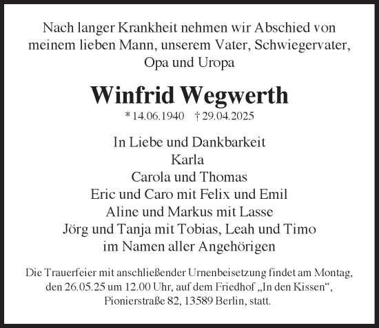 Traueranzeige von Winfrid Wegwerth 