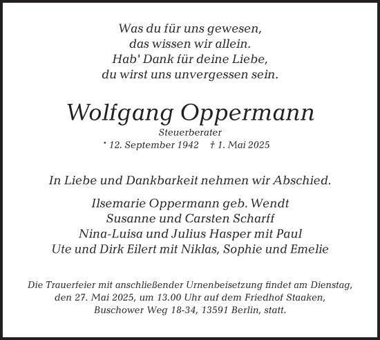 Traueranzeige von Wolfgang Oppermann 