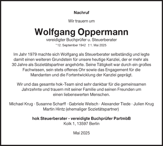 Traueranzeige von Wolfgang Oppermann 
