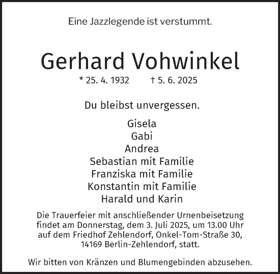Traueranzeige von Gerhard Vohwinkel 