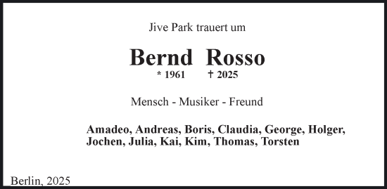 Traueranzeige von Bernd Rosso von Berliner Morgenpost
