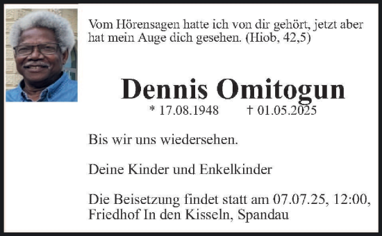Traueranzeige von Dennis Omitogun 