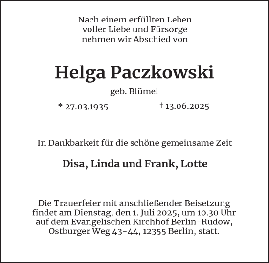 Traueranzeige von Helga Paczkowski 