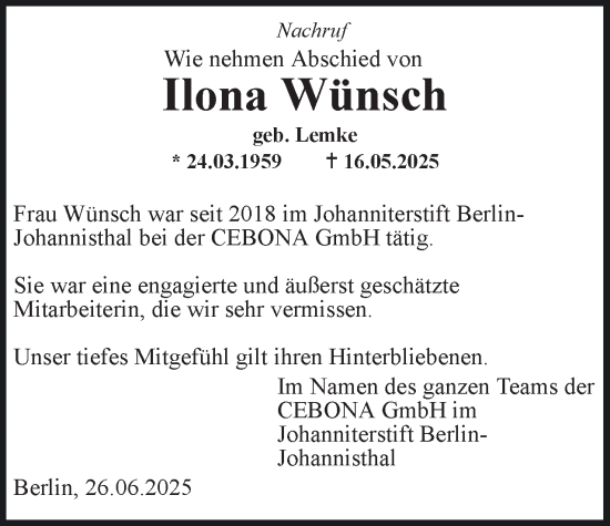 Traueranzeige von Ilona Wünsch 