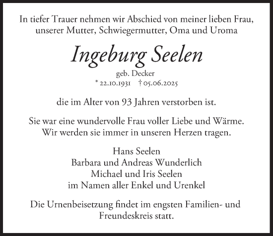 Traueranzeige von Ingeburg Seelen 