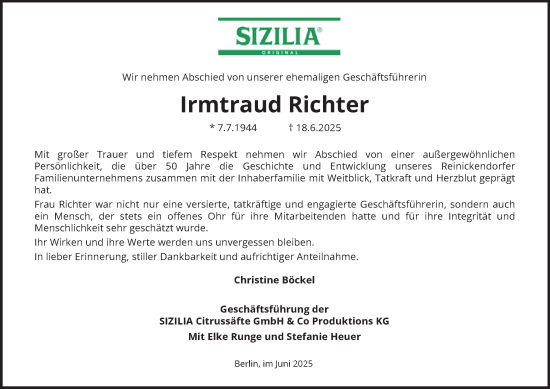 Traueranzeige von Irmtraud Richter von Berliner Morgenpost