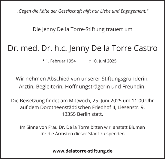 Traueranzeige von Jenny De la Torre Castro von Berliner Morgenpost
