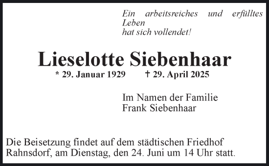 Traueranzeige von Lieselotte Siebenhaar 