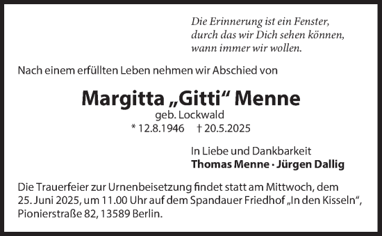 Traueranzeige von Margitta Menne 