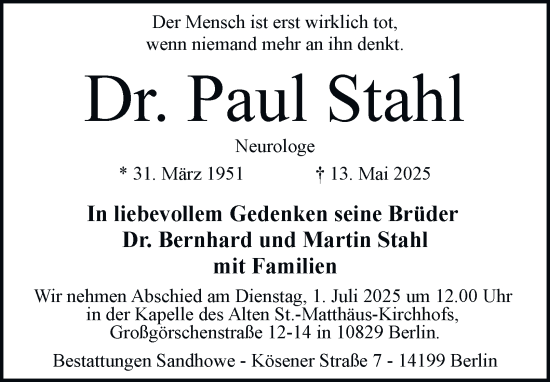 Traueranzeige von Paul Stahl von Berliner Morgenpost