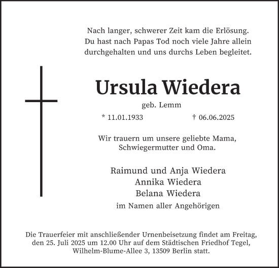 Traueranzeige von Ursula Wiedera von Berliner Morgenpost