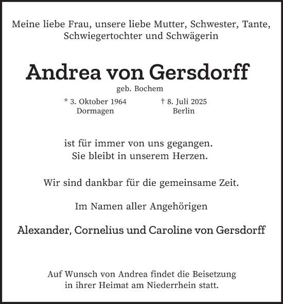 Traueranzeige von Andrea von Gersdorff von Berliner Morgenpost