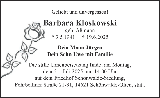 Traueranzeige von Barbara Kloskowski 