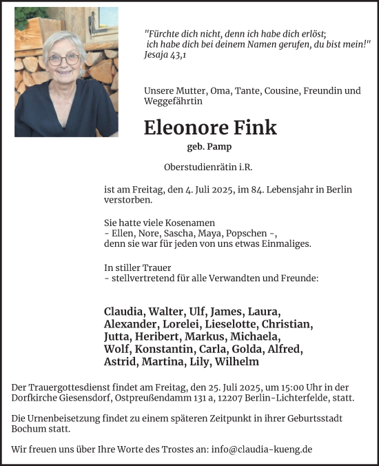 Traueranzeige von Eleonore Fink von Berliner Morgenpost