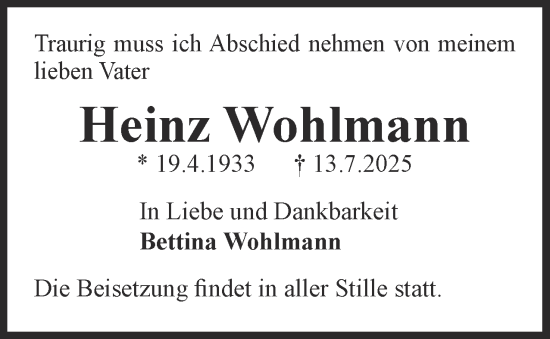 Traueranzeige von Heinz Wohlmann 