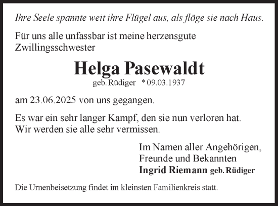 Traueranzeige von Helga Pasewaldt 