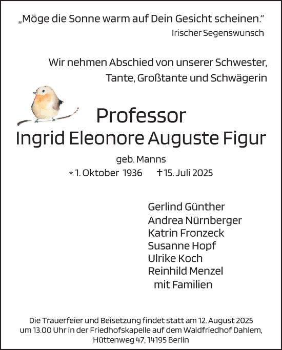 Traueranzeige von Ingrid Eleonore Auguste Figur von Berliner Morgenpost