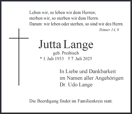 Traueranzeige von Jutta Lange 